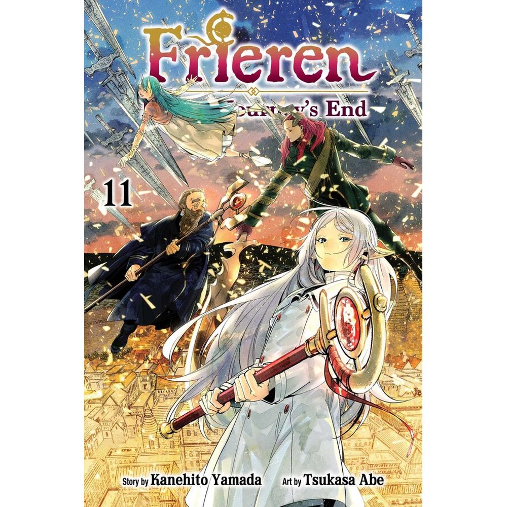 Manga cover for Frieren Vol 11: White-haired elf Frieren smiles with her staff, surrounded by companions and a city