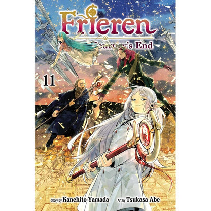 Manga cover for Frieren Vol 11: White-haired elf Frieren smiles with her staff, surrounded by companions and a city