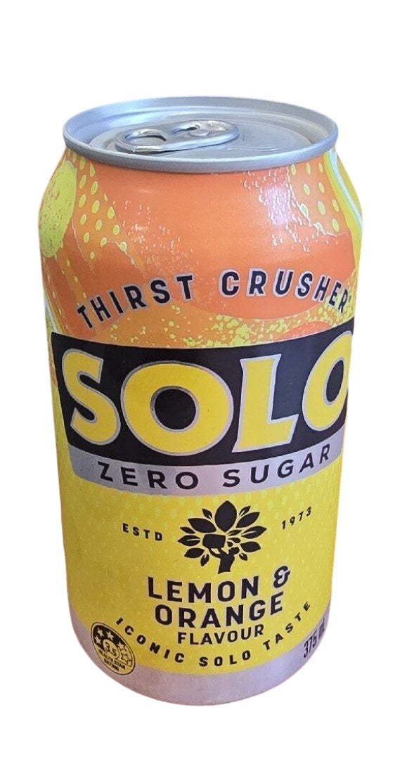 Solo Thirst Crusher Lemon & Orange Zero Sugar soda can, featuring yellow and orange packaging