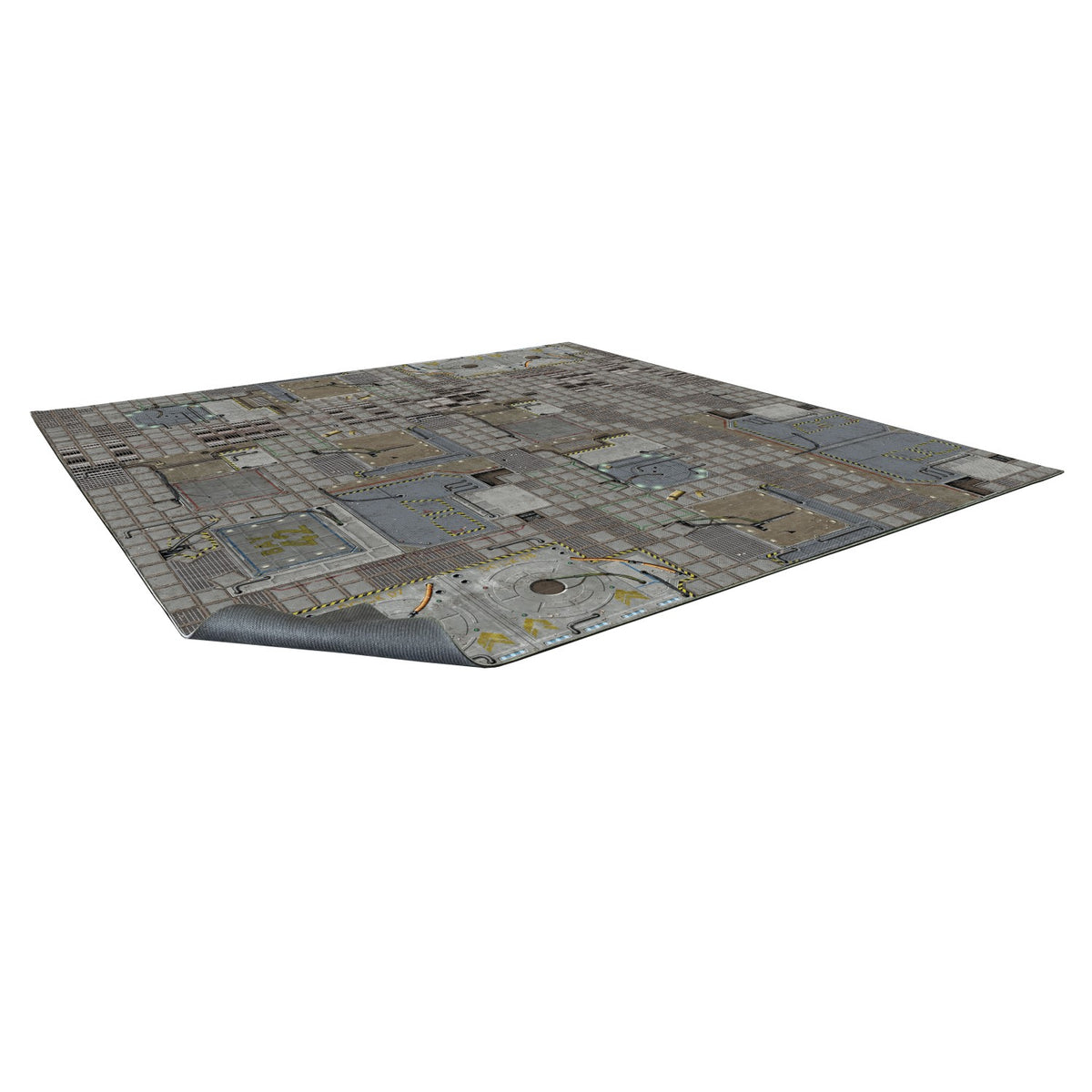 A gray sci-fi gaming mat featuring industrial metal panels and yellow hazard stripes, with one corner slightly lifted.