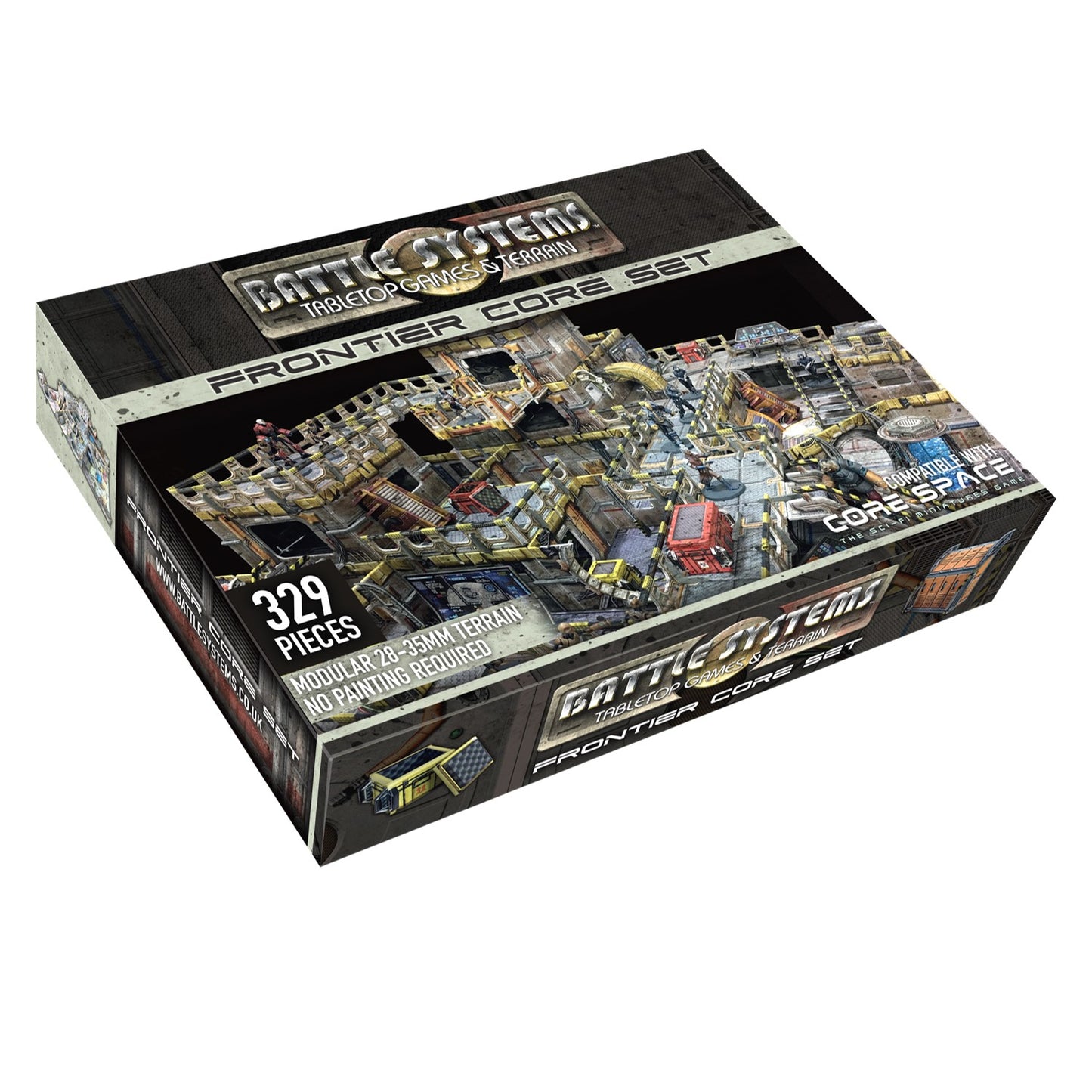 Battle Systems Frontier Core Set product box. Displays modular sci-fi tabletop game terrain with miniatures.