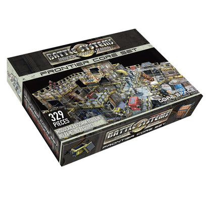 Battle Systems Frontier Core Set product box. Displays modular sci-fi tabletop game terrain with miniatures.