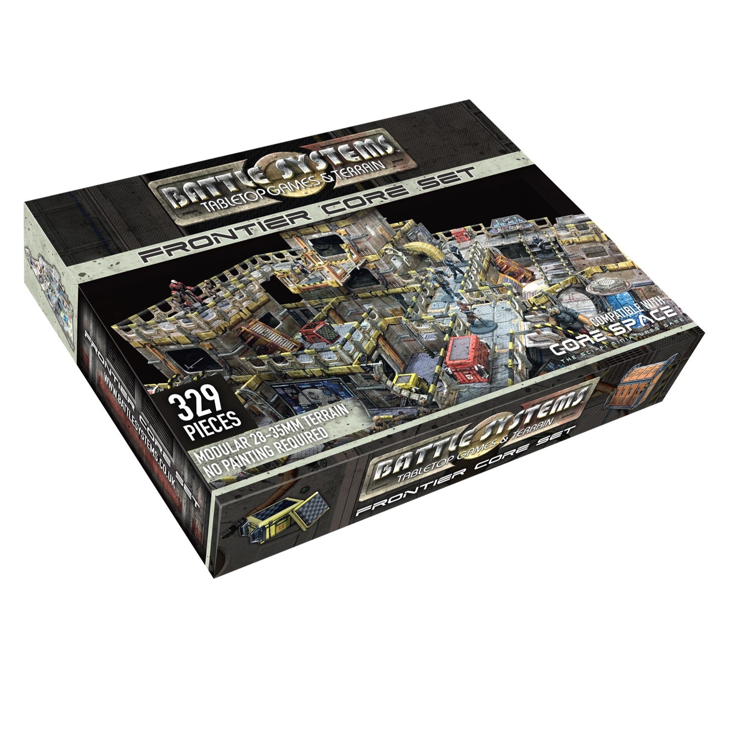 Battle Systems Frontier Core Set product box. Displays modular sci-fi tabletop game terrain with miniatures.