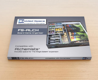 Folded Space game insert showing organized Alchemists components in a foam tray