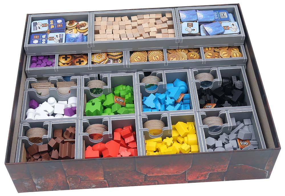 Board game organizer insert filled with components by color and type