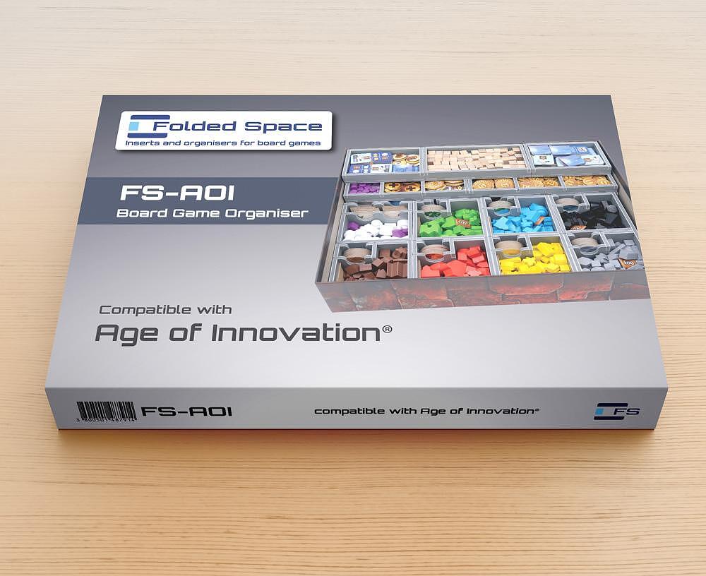 Folded Space board game organiser for Age of Innovation, shows modular inserts