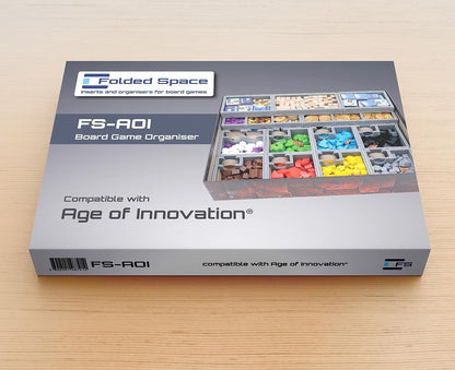 Folded Space board game organiser for Age of Innovation, shows modular inserts