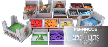 Side view of Folded Space game insert with neatly arranged Architects of the West Kingdom components