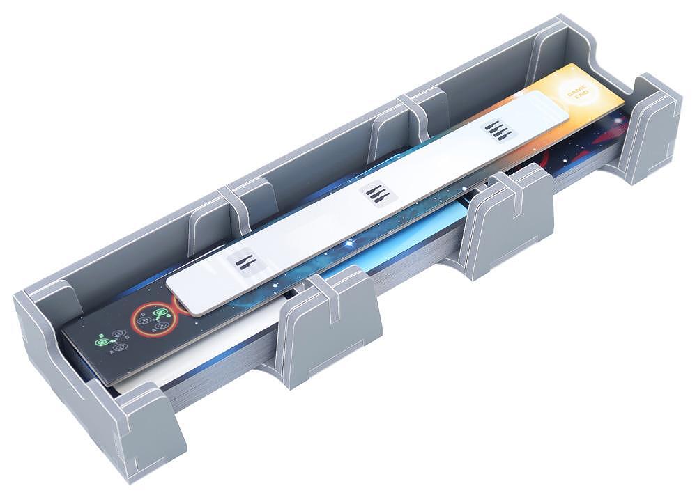 Board game card organizer tray gray with space-themed cards
