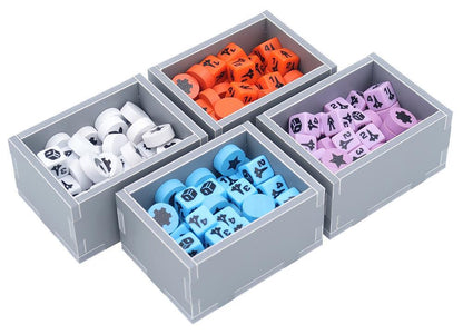 Board game token and dice trays in grey, orange, white, blue, and purple
