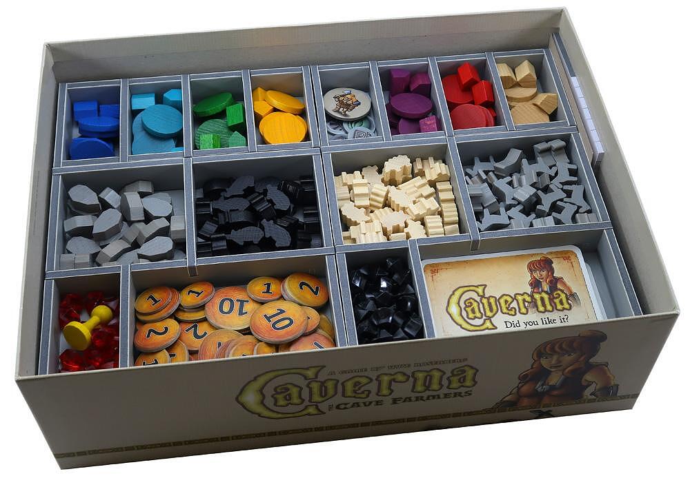 Folded Space game inserts for Caverna with multi-colored wooden game pieces