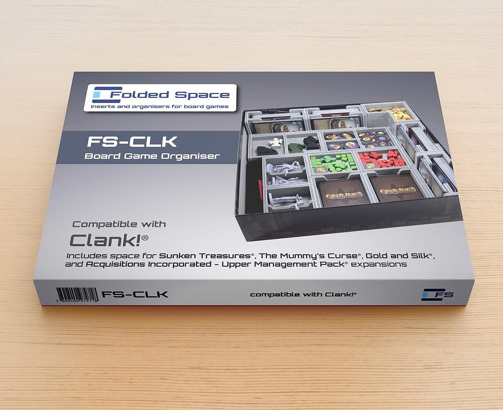 Folded Space insert for Clank! showing full organizer layout in the game box