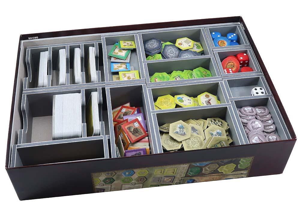Folded Space foam insert fully packed and placed inside the Castles of Burgundy game box