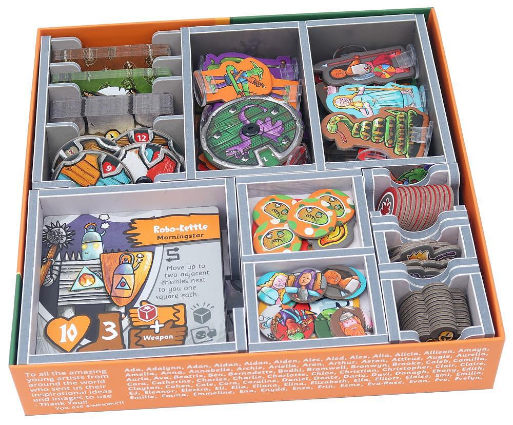 Board game box open showing components: character and enemy tokens, cards, discs