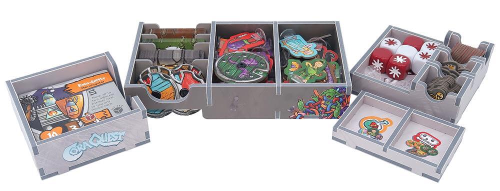 Gray OraQuest board game organizer insert with card, token, and dice storage