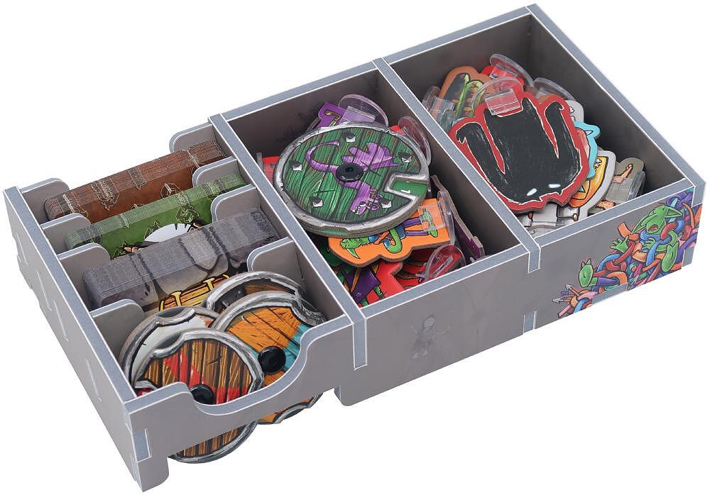 Board game organizer tray with tokens and miniatures, grey with colorful monster art