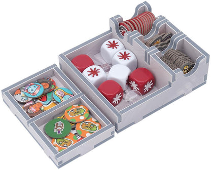White wood board game organizer with red and white dice, and colorful tokens