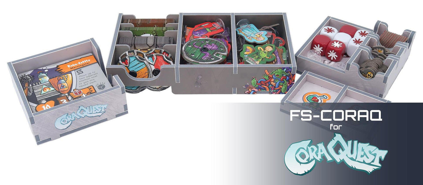 FS-CORAQ organizer for board game storage, light gray with engraved logo and colorful illustrations