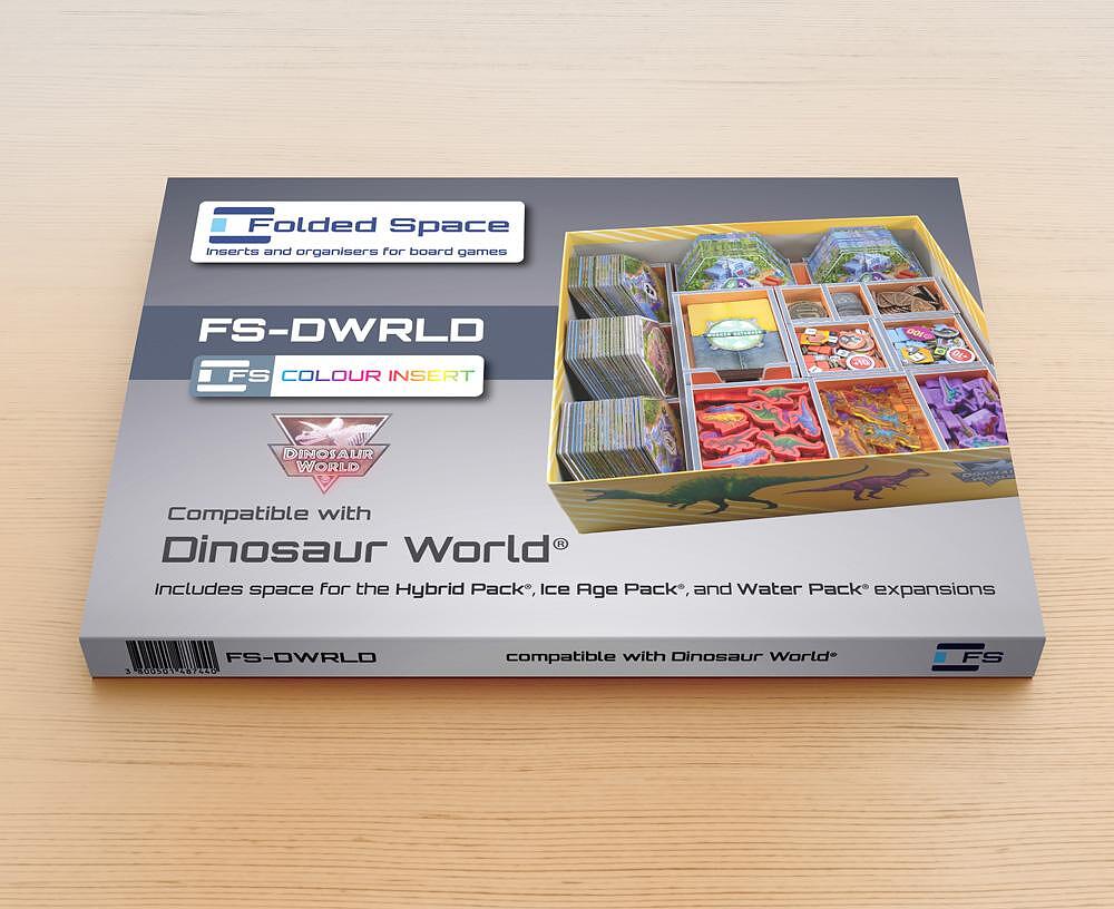 Folded Space Dinosaur World board game organizer and insert, yellow box, filled with game pieces