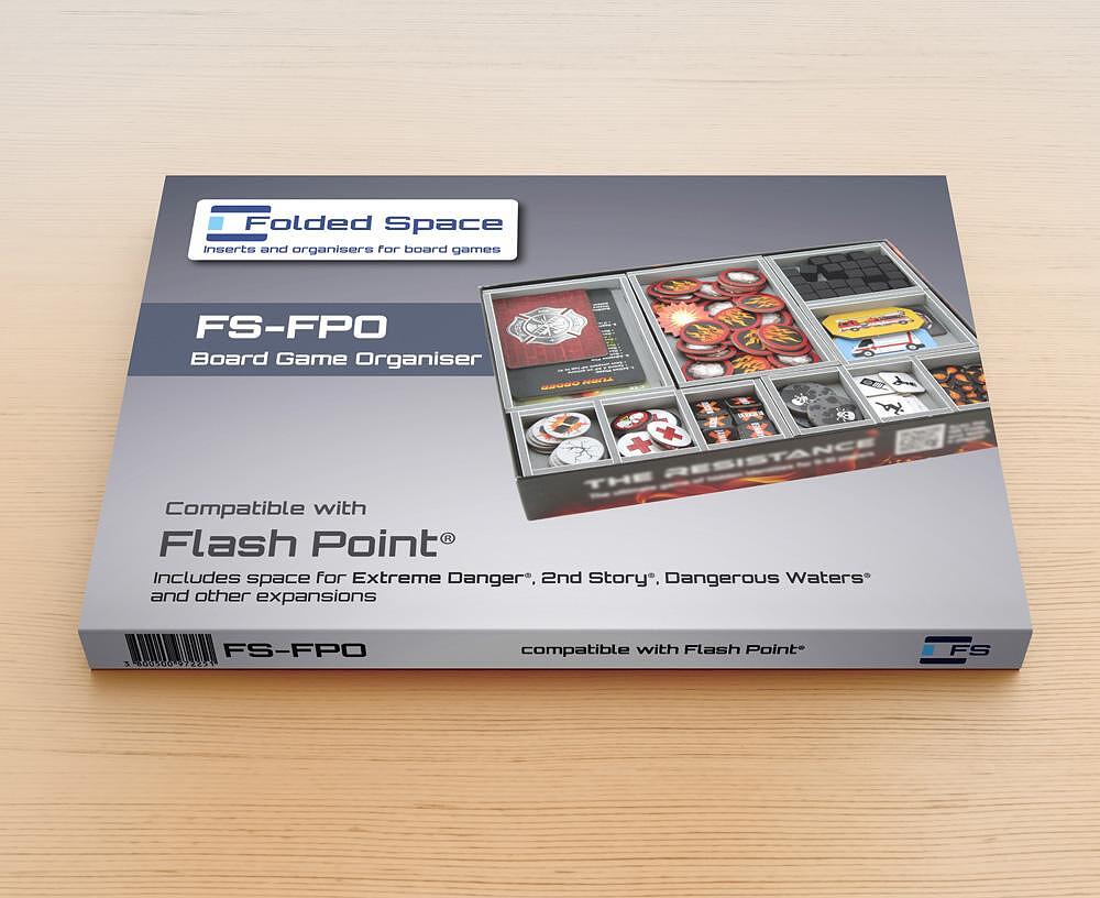 Folded Space insert organizer for Flash Point Fire Rescue, showing compartments with game components