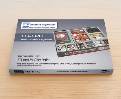 Folded Space insert organizer for Flash Point Fire Rescue, showing compartments with game components