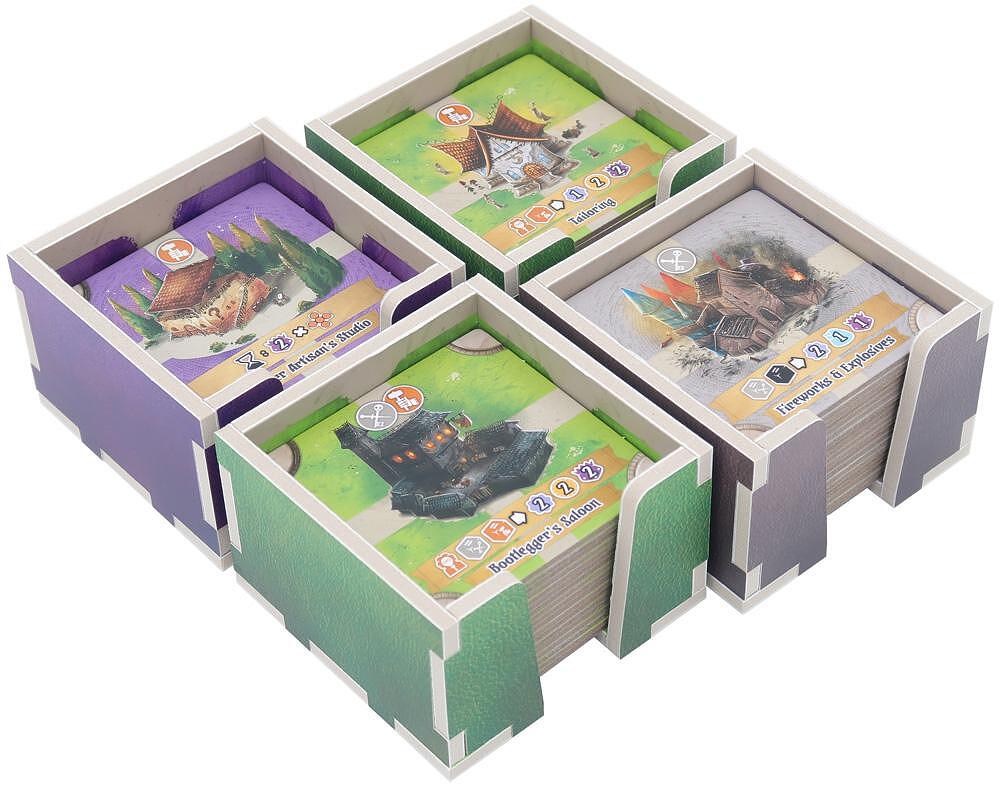 Game card organizers: purple, gray, and green modular bins storing game cards