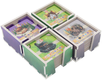 Game card organizers: purple, gray, and green modular bins storing game cards