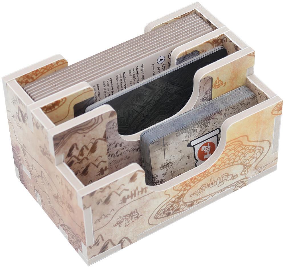 Board game card organizer with map pattern, multiple slots for cards