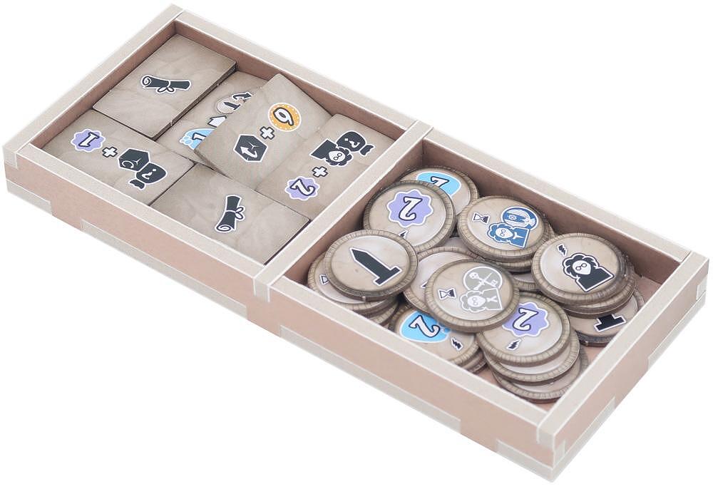 Board game expansion with cards and tokens in wood tray