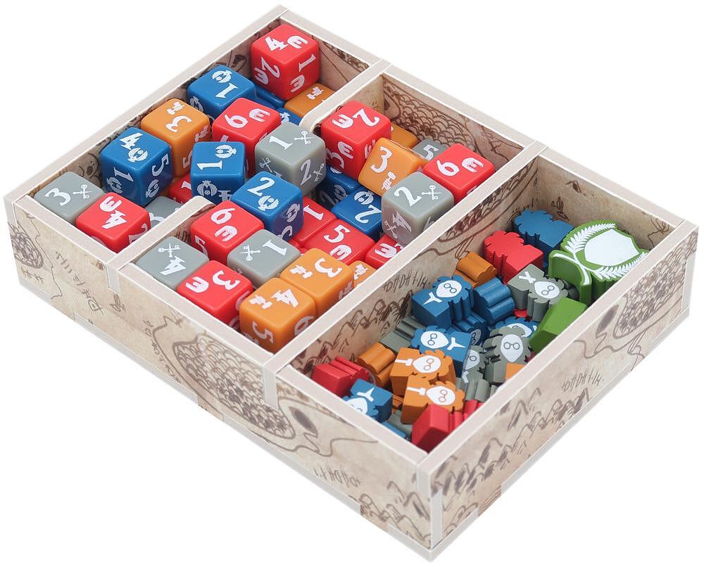 Board game components: colored dice with numbers and tokens in a wooden box