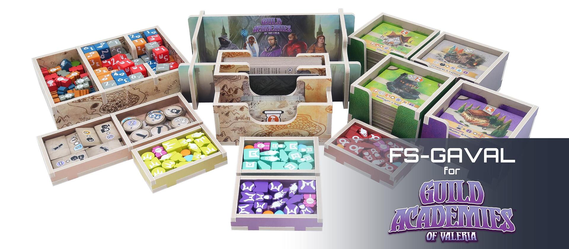 FS-GAVAL for Guild Academies of Valeria wooden board game organizer insert with card, token, and dice storage trays