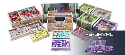 FS-GAVAL for Guild Academies of Valeria wooden board game organizer insert with card, token, and dice storage trays