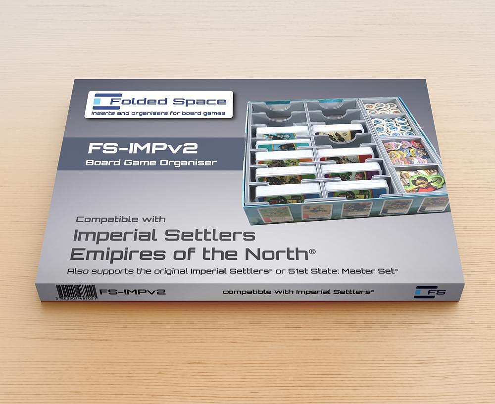 Top-down view of a Folded Space game insert with compartments for Imperial Settlers components