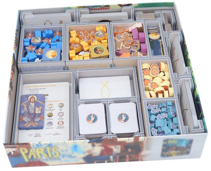 Board game organizer insert with various trays for pieces and cards