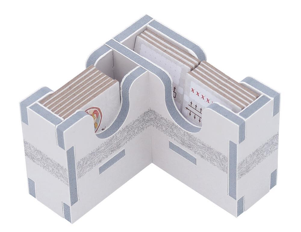 White board game card holder with gray trim, decorative pattern