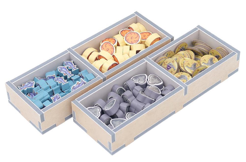 Board game token organizer with fish, bread, meat, and coin tokens