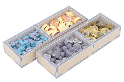 Board game token organizer with fish, bread, meat, and coin tokens
