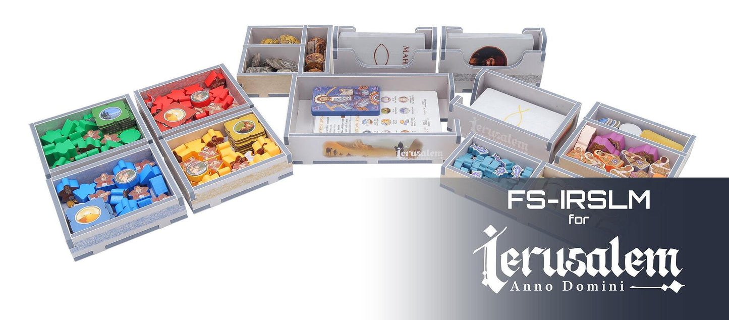 Wooden board game organizer inserts for Jerusalem Anno Domini with multiple compartments holding game pieces and cards