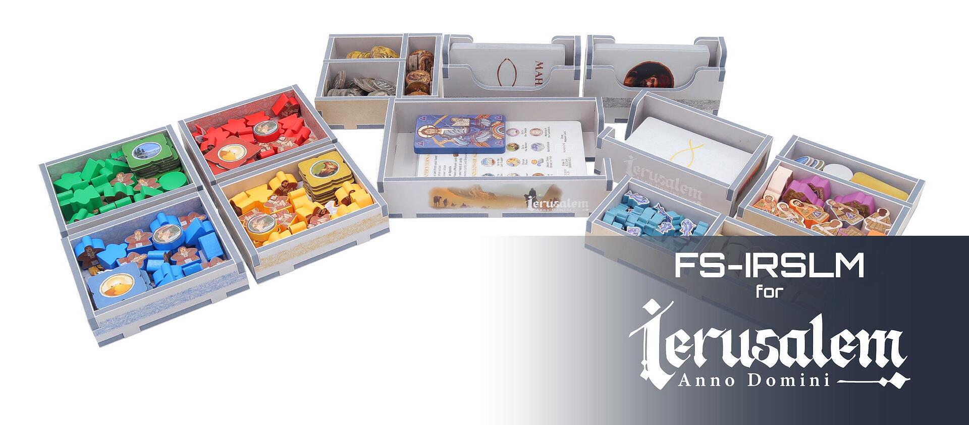 Wooden board game organizer inserts for Jerusalem Anno Domini with multiple compartments holding game pieces and cards