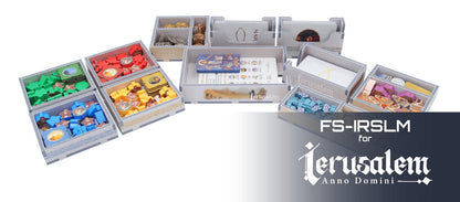 Wooden board game organizer inserts for Jerusalem Anno Domini with multiple compartments holding game pieces and cards