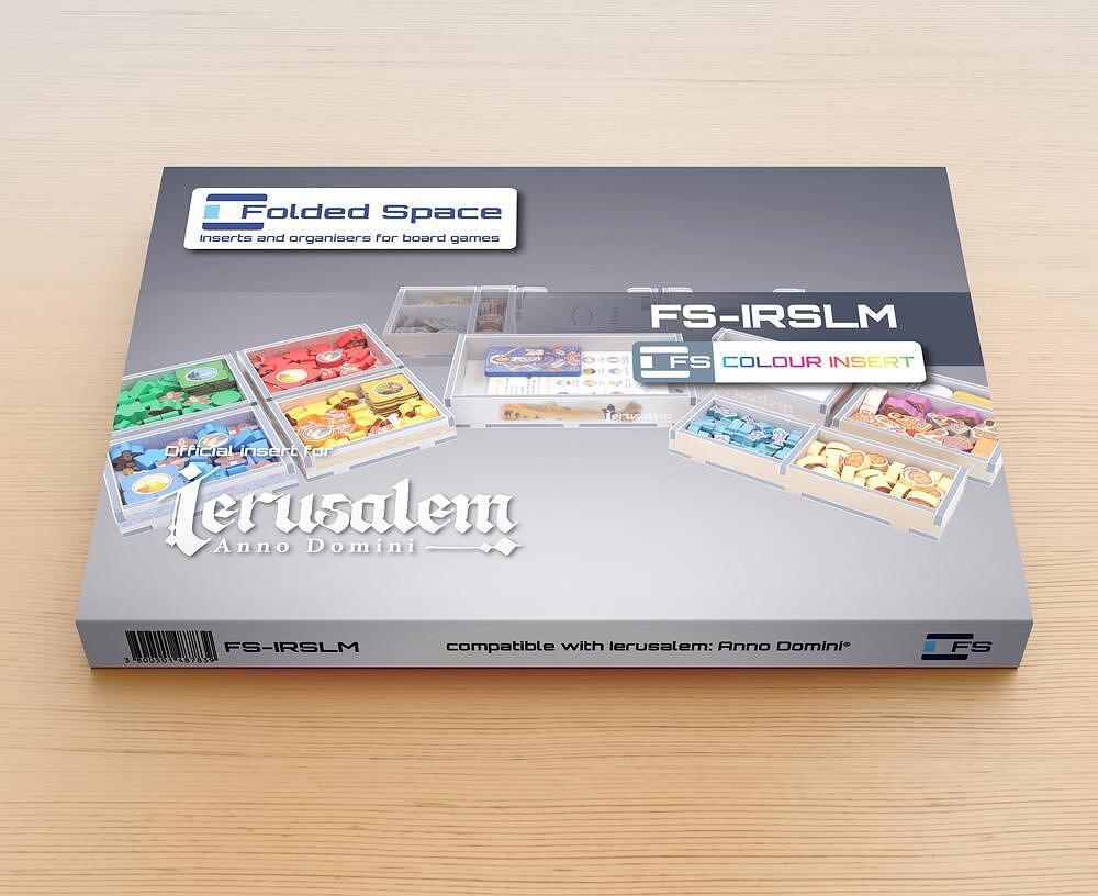Folded Space board game organiser insert for Jerusalem: Anno Domini, grey box on wood