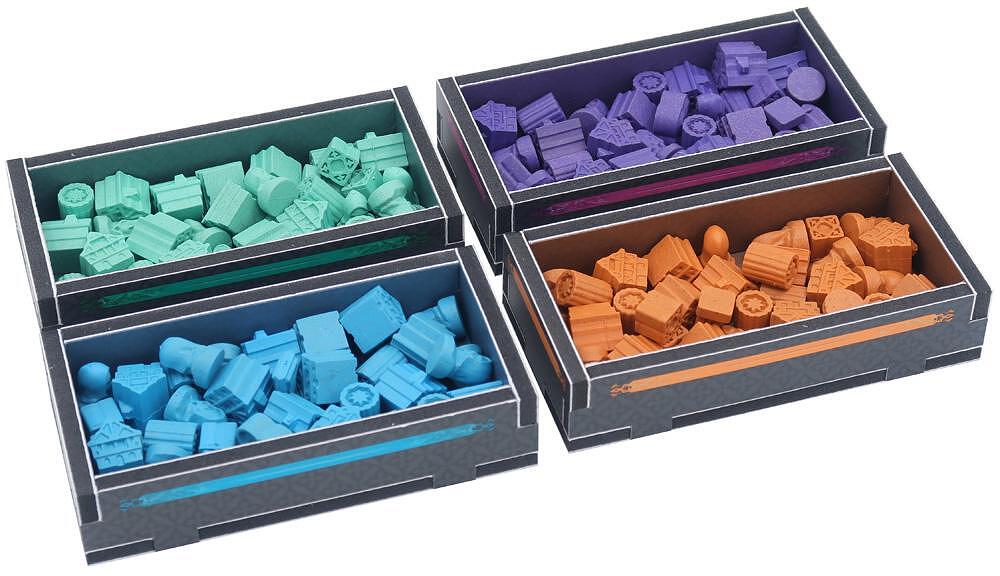 Board game token organizers, teal, blue, orange, and purple tokens inside