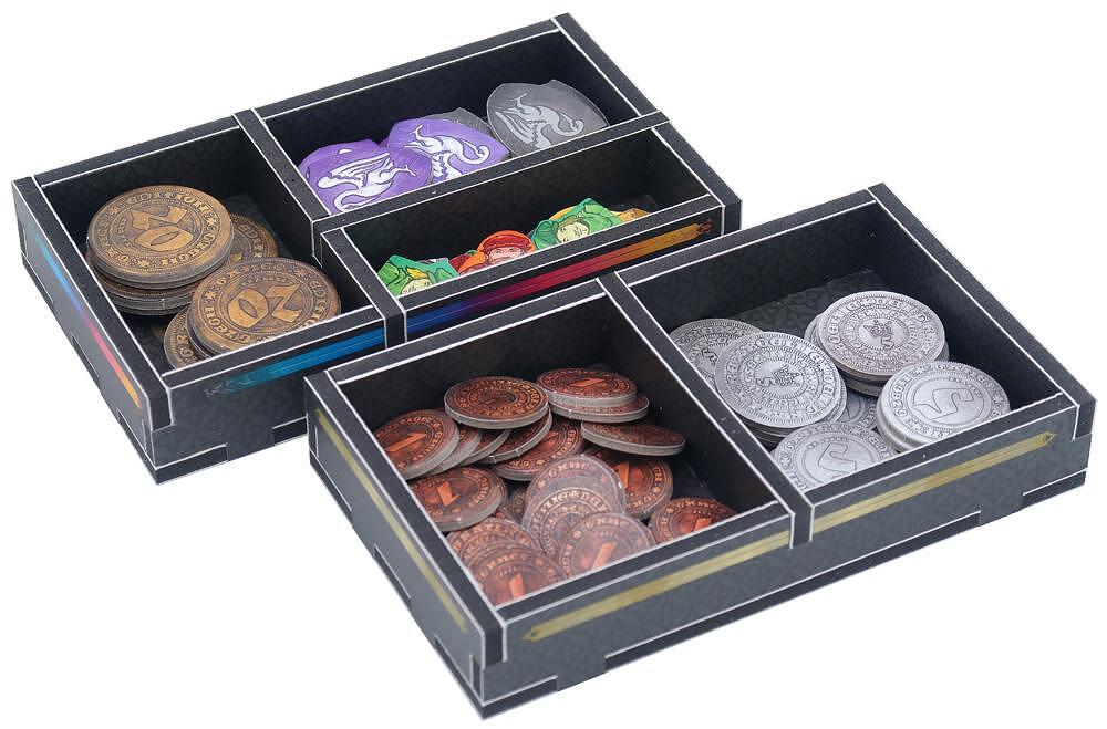 Board game token organizers with coin and token storage
