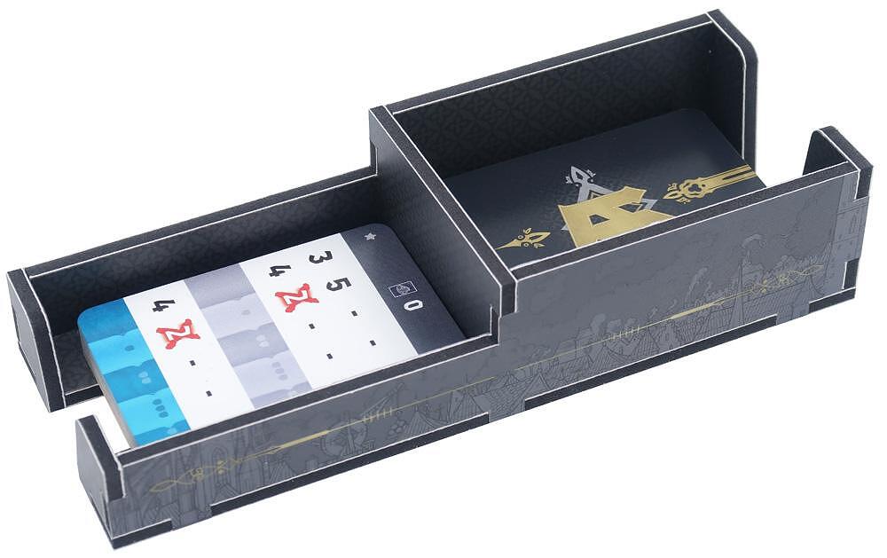 Dark gray and gold board game card tray with score cards