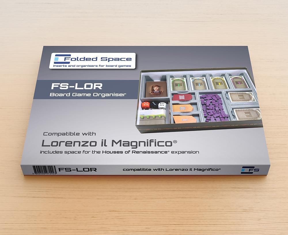 Folded Space game insert box with compartments for Lorenzo il Magnifico components