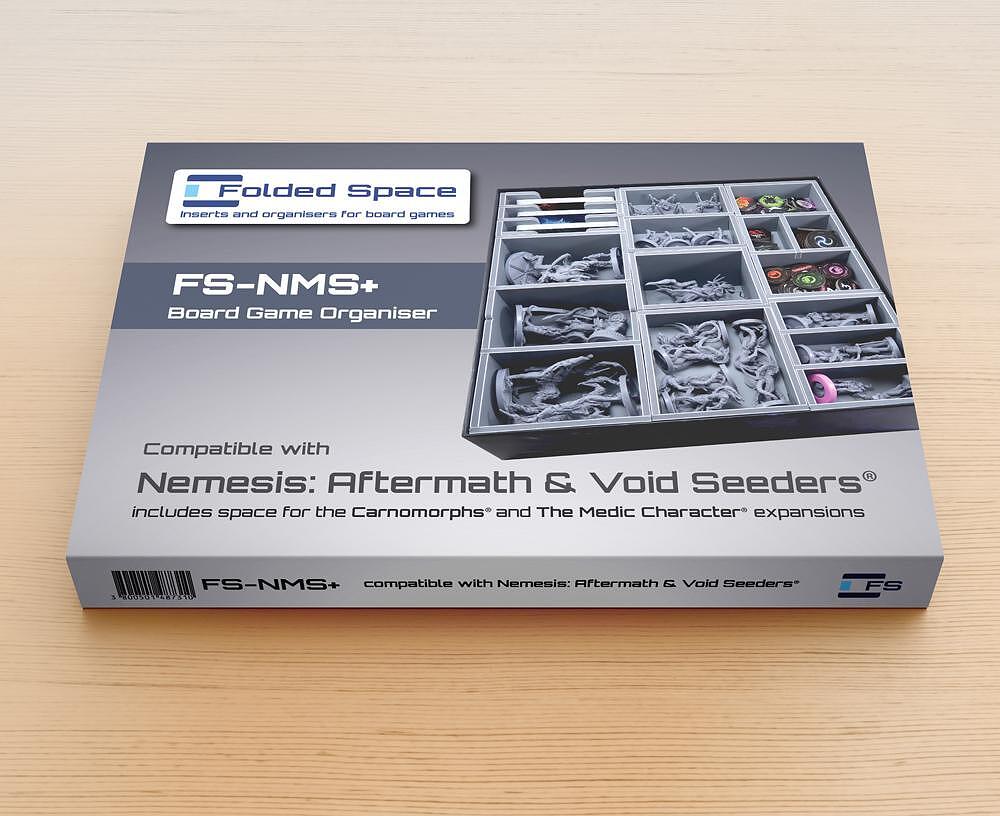 Organizer insert with game components neatly arranged for Nemesis expansions