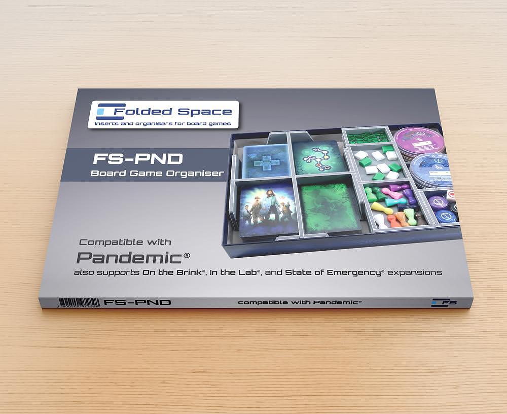 Folded Space insert box for Pandemic board game with product label