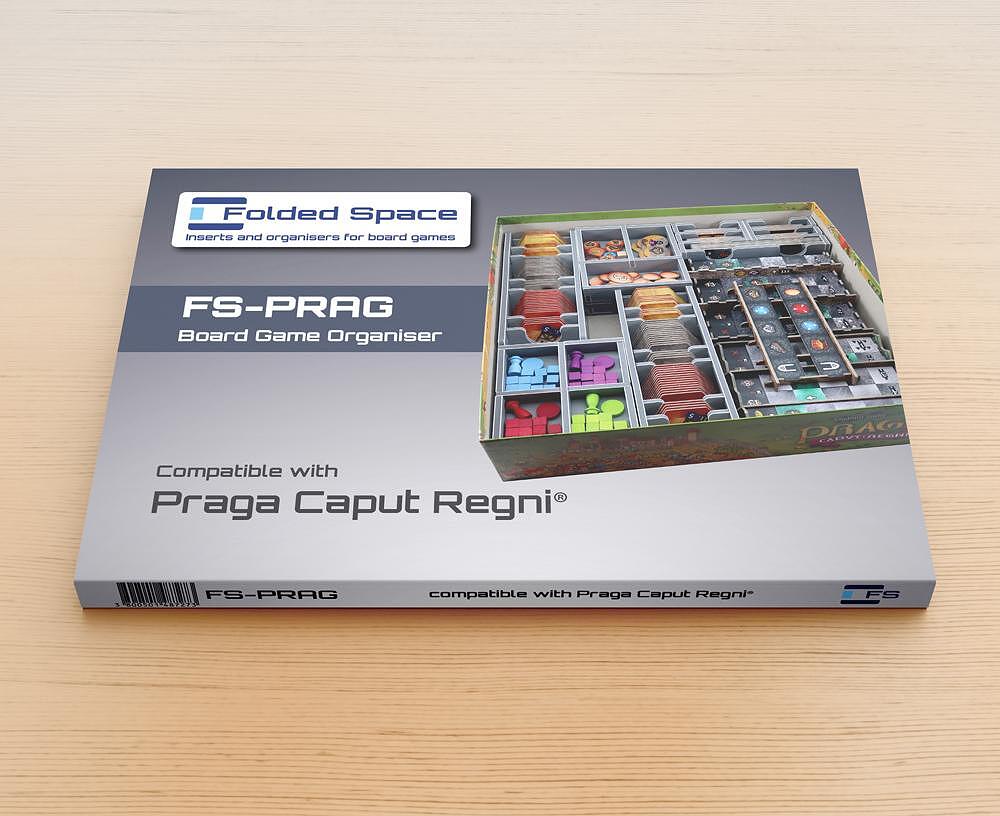 Folded Space insert organizer holding game components for Praga Caput Regni, neatly arranged inside a box