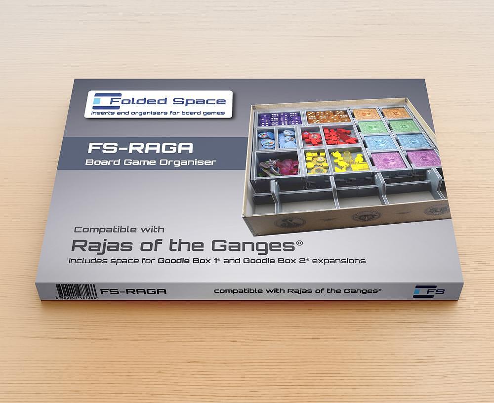 Folded Space insert organizer for Rajas of the Ganges, showing compartments for game components