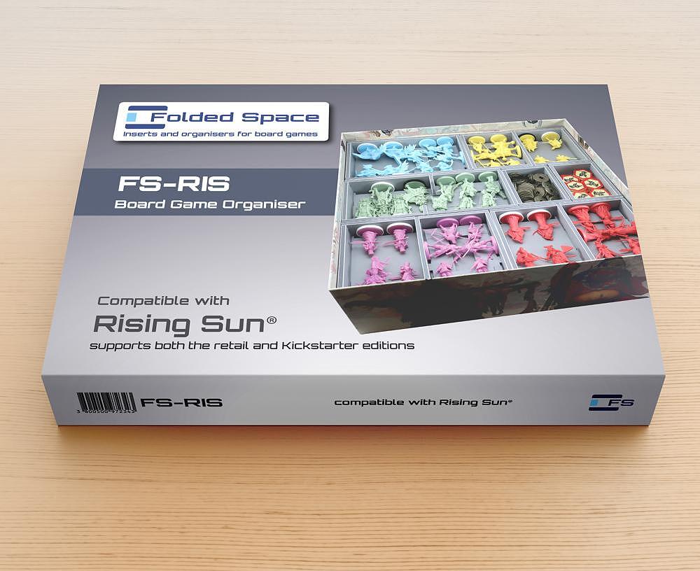 Black game insert tray holding Rising Sun game components neatly organized